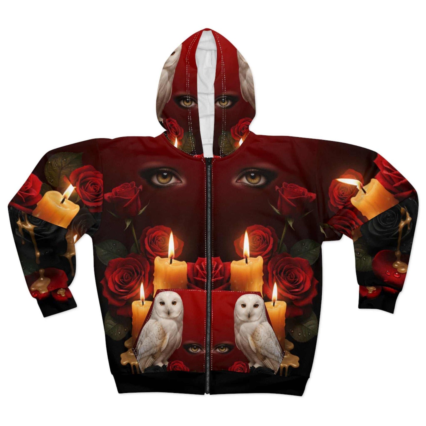 Red and black rose hoodie with white owl and melting candle design on gradient background
