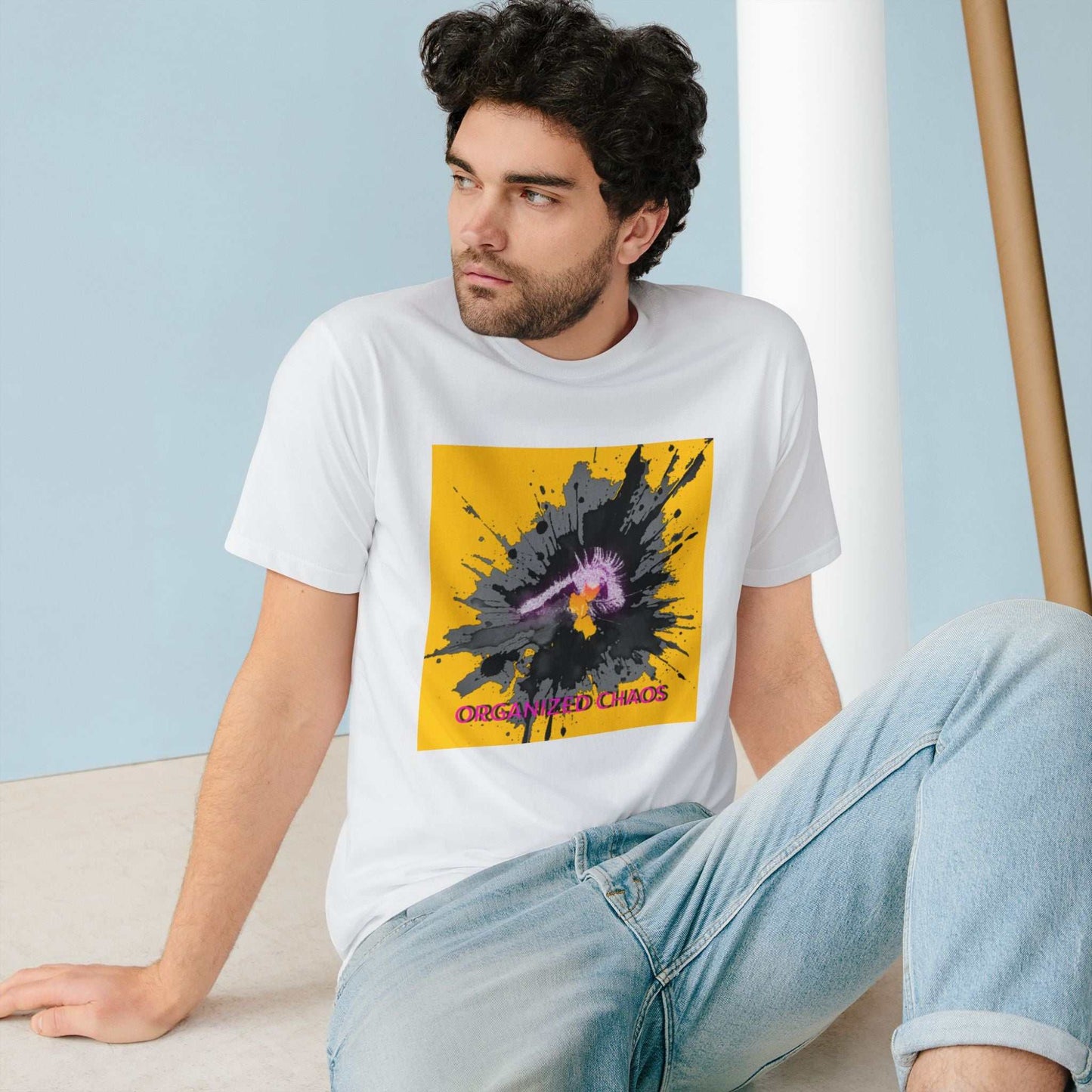 Pop art eye silhouette neon purple pink on yellow organic cotton t-shirt