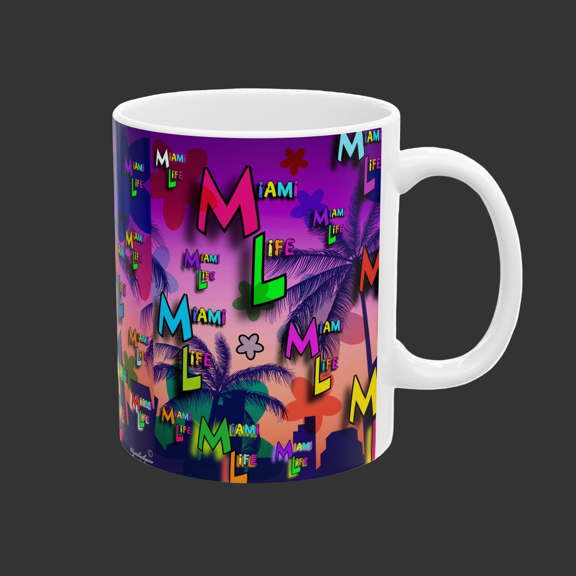 Mug with colorful 'Miami Life' design on a white background