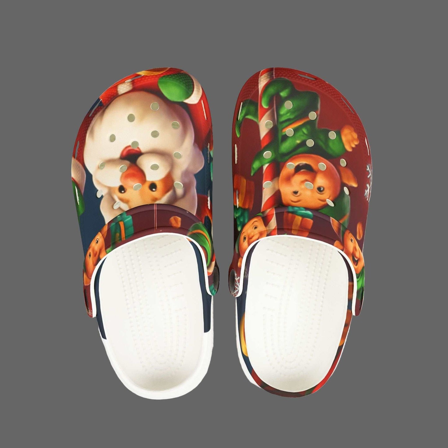 Kids Santa and elf foam clogs with festive EVA material and playful holiday print
