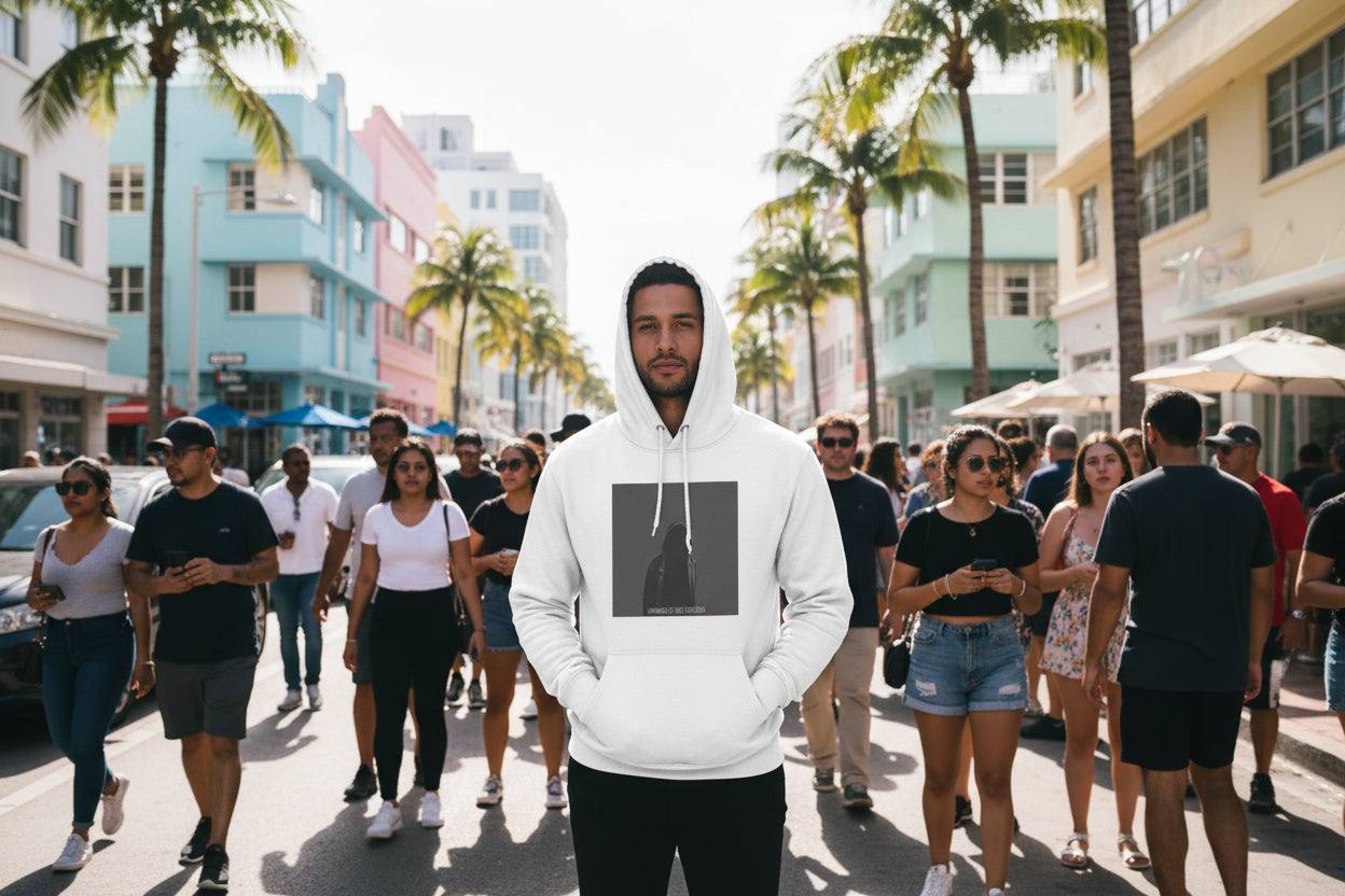 White hoodie with a graphic design on the chest against a white background Fleece Hoodie