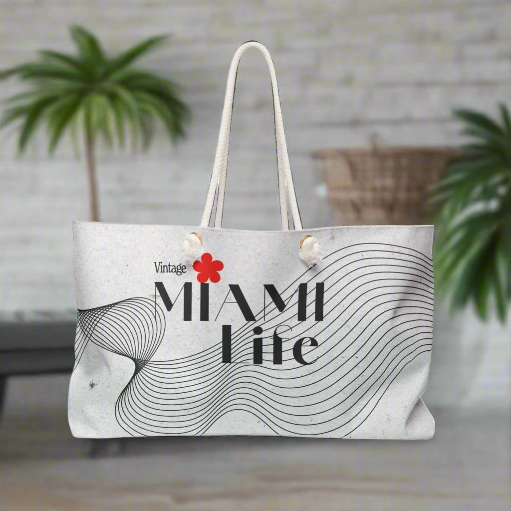 Tote bag with 'Vintage Miami Life' text and wave design on a white background