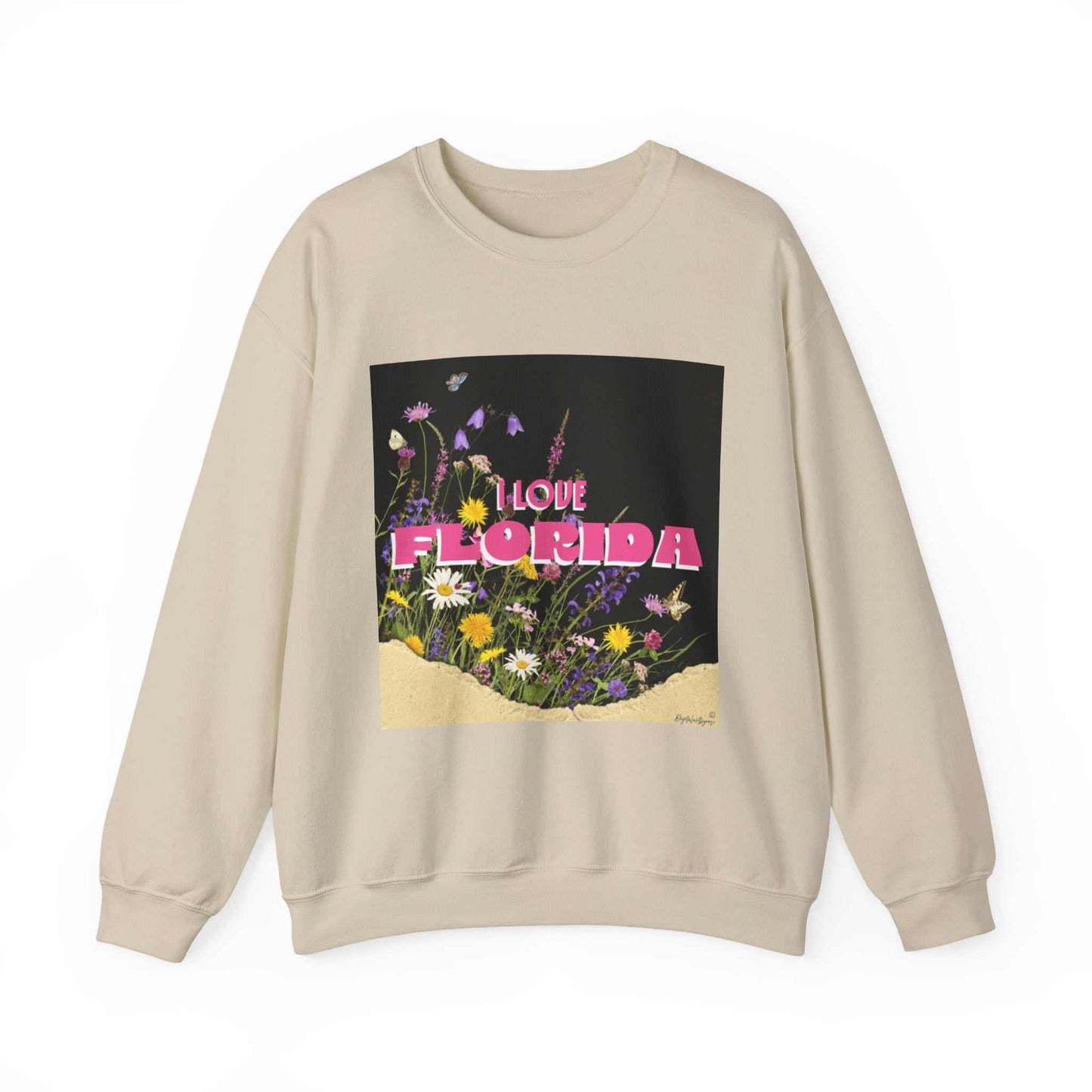 Black crewneck sweatshirt with "I Love Florida" pink lettering and floral design