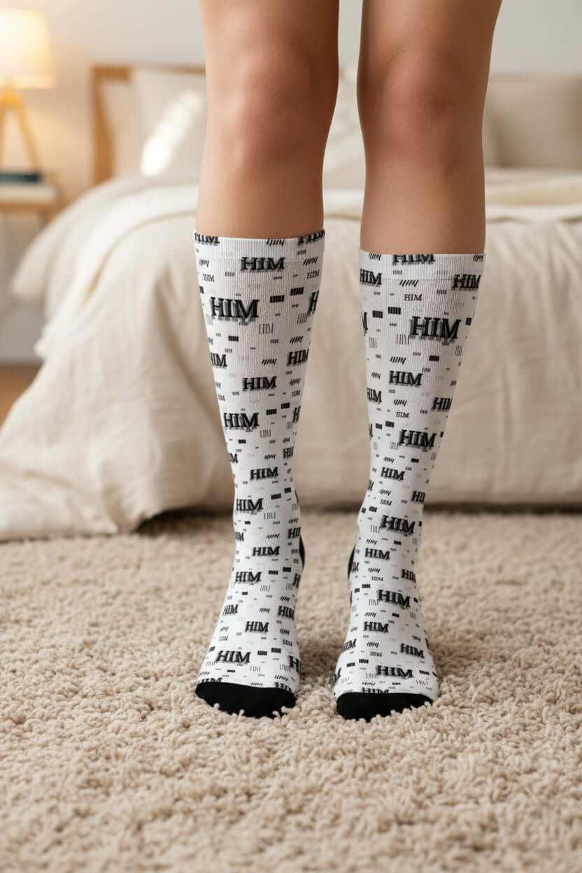 HIM Pattern cushioned socks black and white HIM pattern cushioned crew socks with black heel and toe accents
