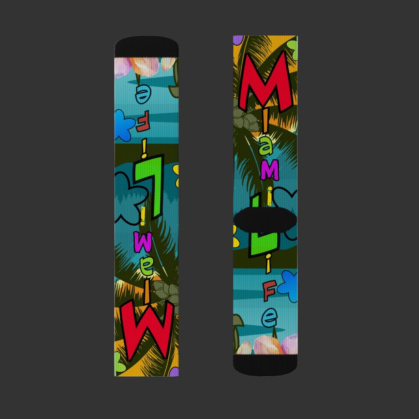 Colorful socks with abstract designs and text on a white background