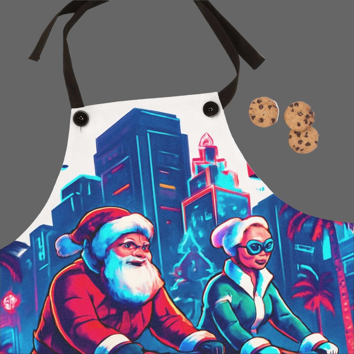 Christmas apron with Miami-themed neon Santa and Mrs. Claus biking design and adjustable black straps