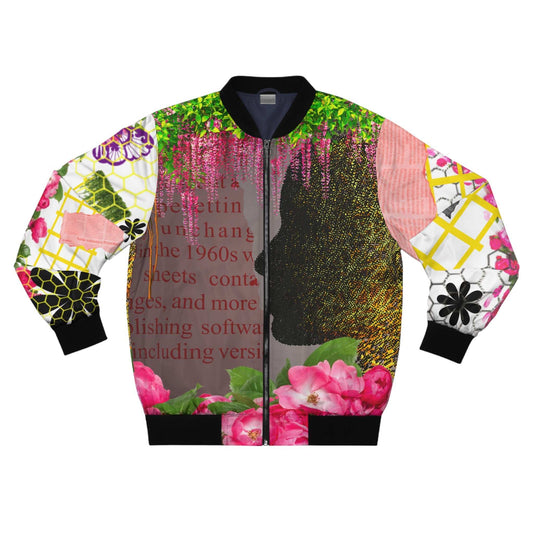 Miami inspired-garden design abstract bomber jacket with vibrant pink, yellow, and green floral print