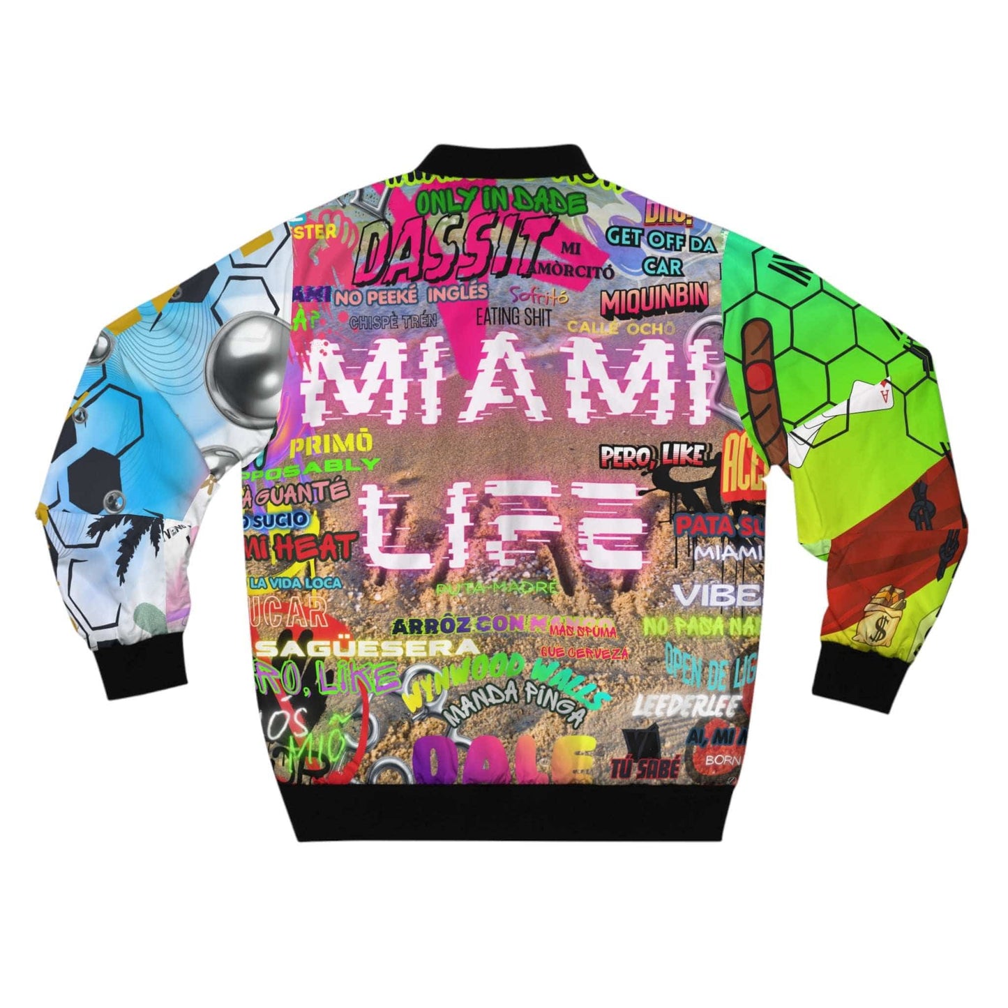 Miami Slang Neon Bomber Jacket with vibrant neon graffiti print and black rib-knit trim