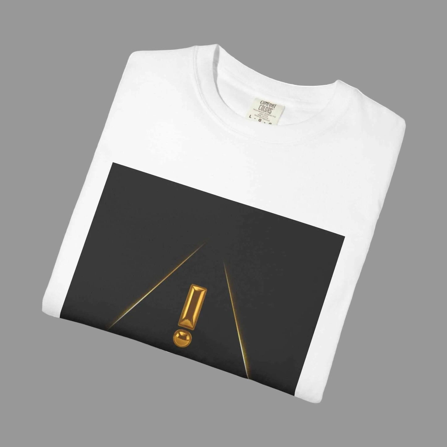 White t-shirt with black graphic design featuring a gold exclamation mark on a white background
