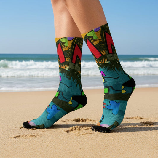 Colorful patterned socks on a white background