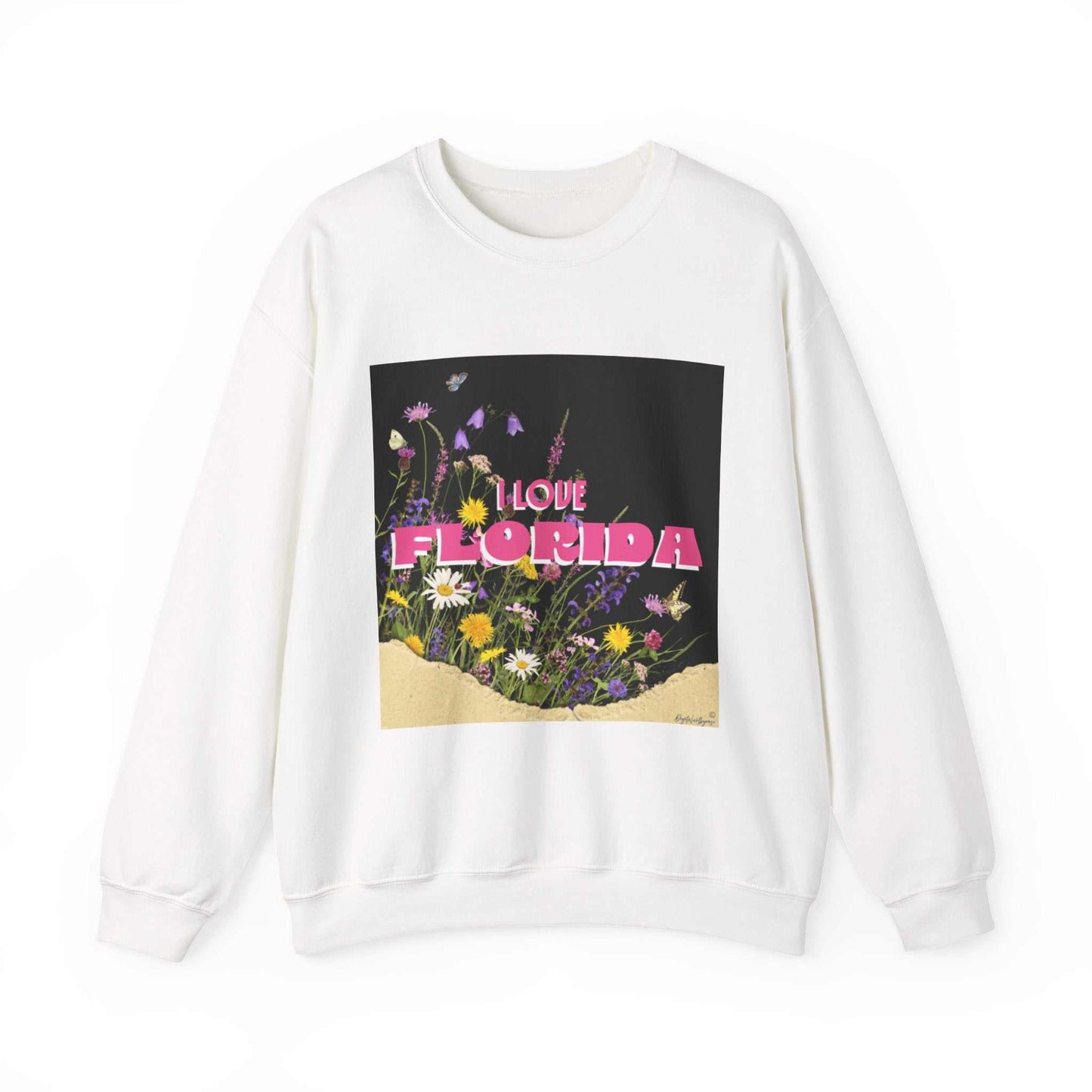 Black crewneck sweatshirt with pink "I Love Florida" lettering and floral design