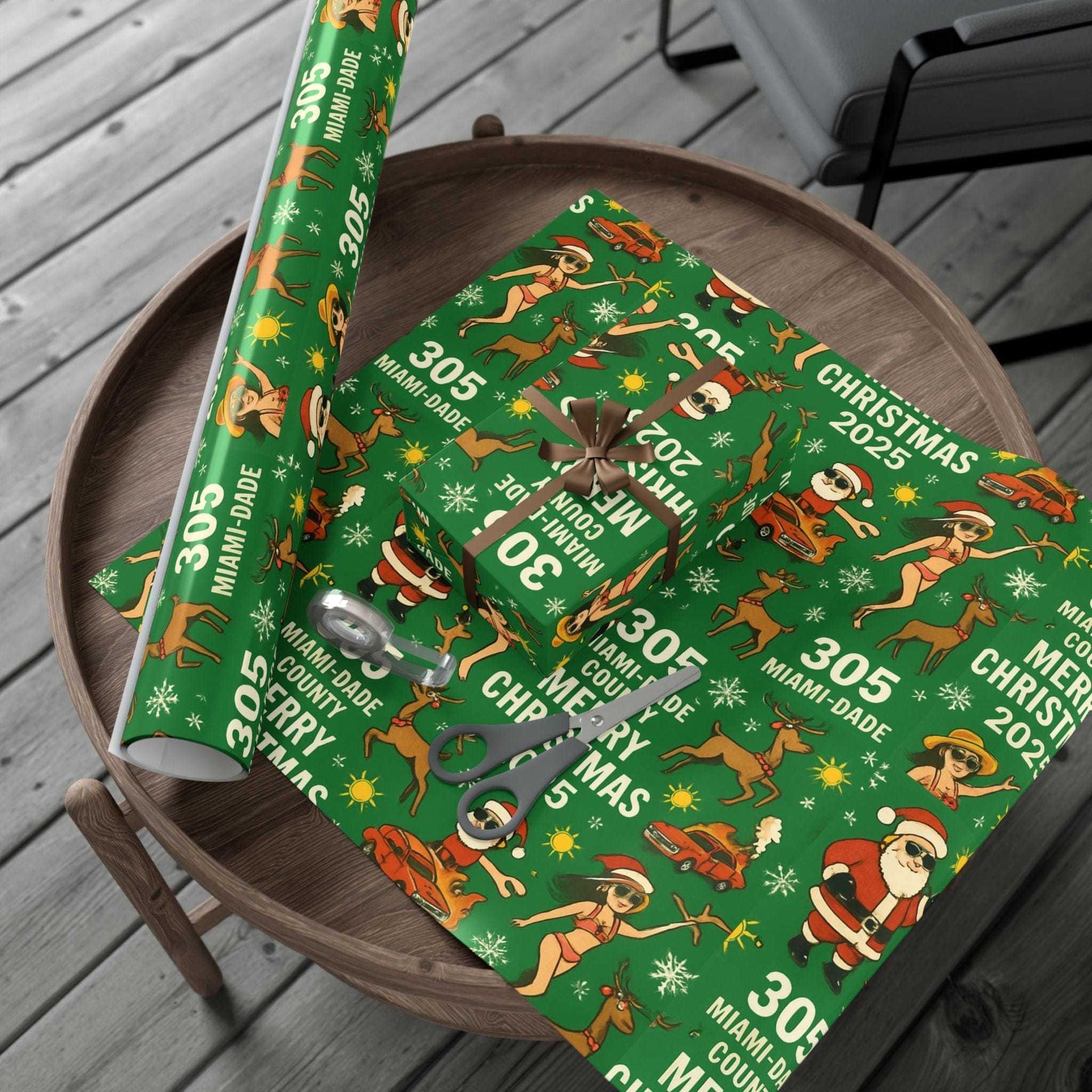 Miami Santa Gift Wrap Paper featuring Santa cruising in a lowrider through Miami-Dade with vibrant colors and durable satin or matte finish