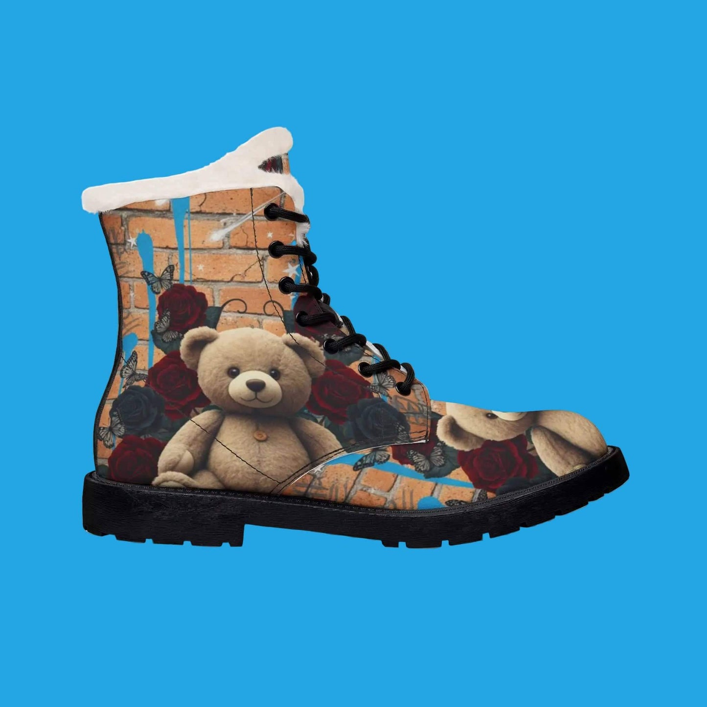 Teddy bear fur lined leather boots with plush fleece interior and durable microfiber exterior featuring whimsical teddy bear print and sturdy PVC outsole