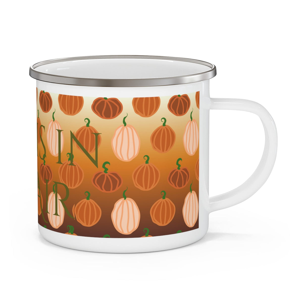 Fall Is in the Air Pumpkin Enamel Camping Mug — Rustic Autumn Coffee Cup