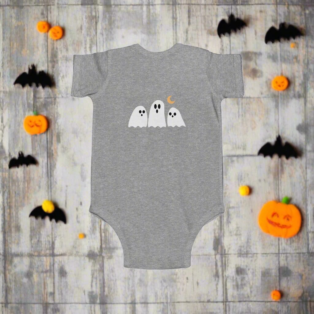 Gray baby onesie with ghost design on a white background (Back)