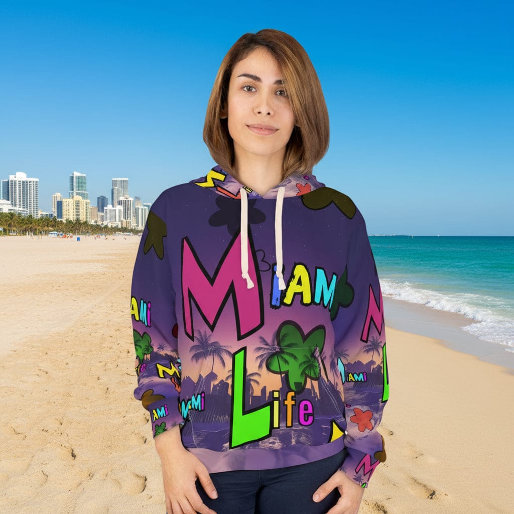 Person wearing a colorful hoodie with 'Miami Life' text and graphics on a white background