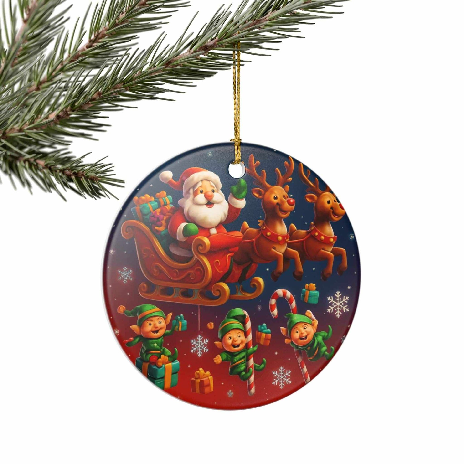 Santa Sleigh Ceramic Ornament with colorful reindeer and elves on glossy white ceramic, featuring a gold hanging string.