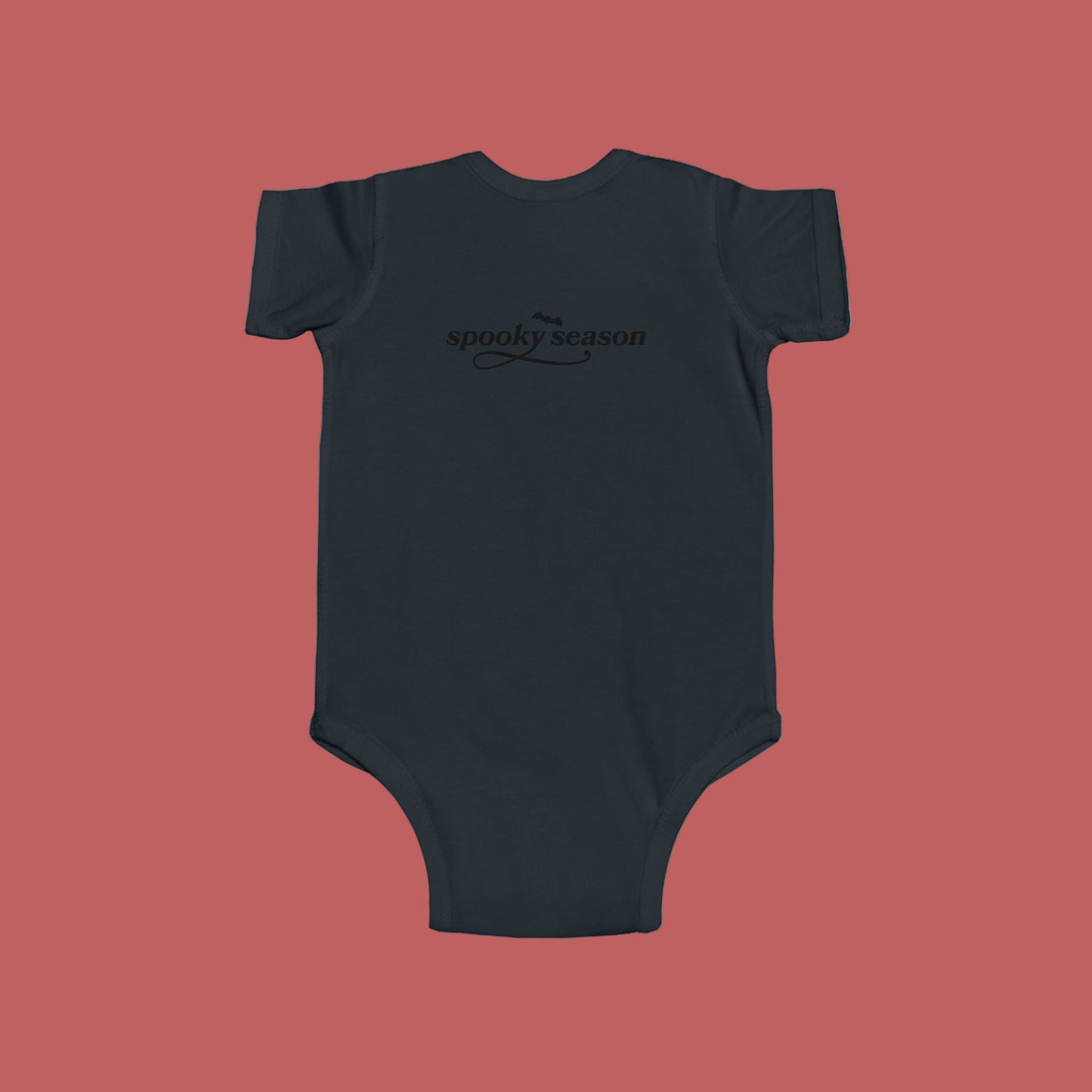 Black baby onesie with 'spooky season' text on a white background -(Back)