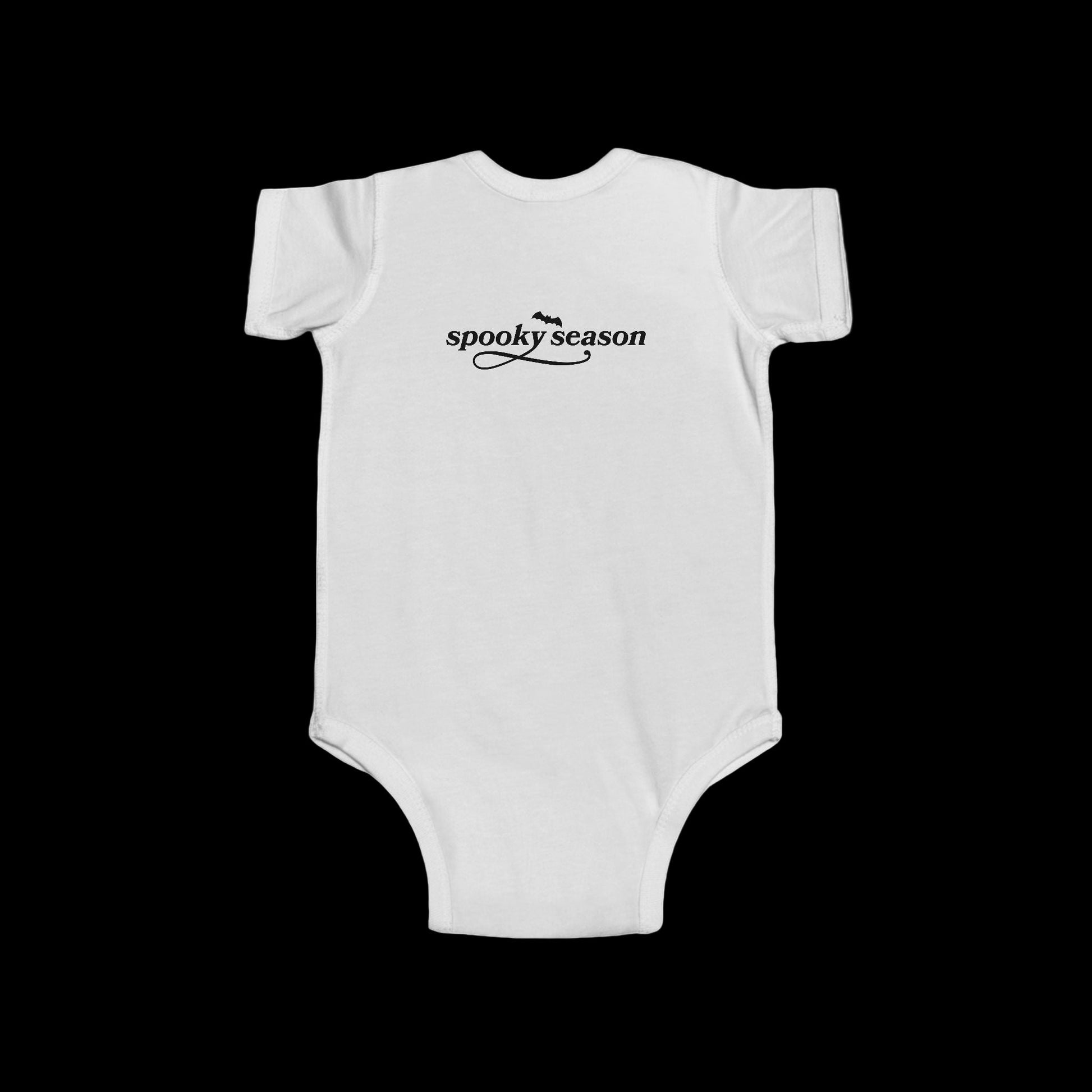 White baby onesie with 'spooky season' text on a white background-(Back)