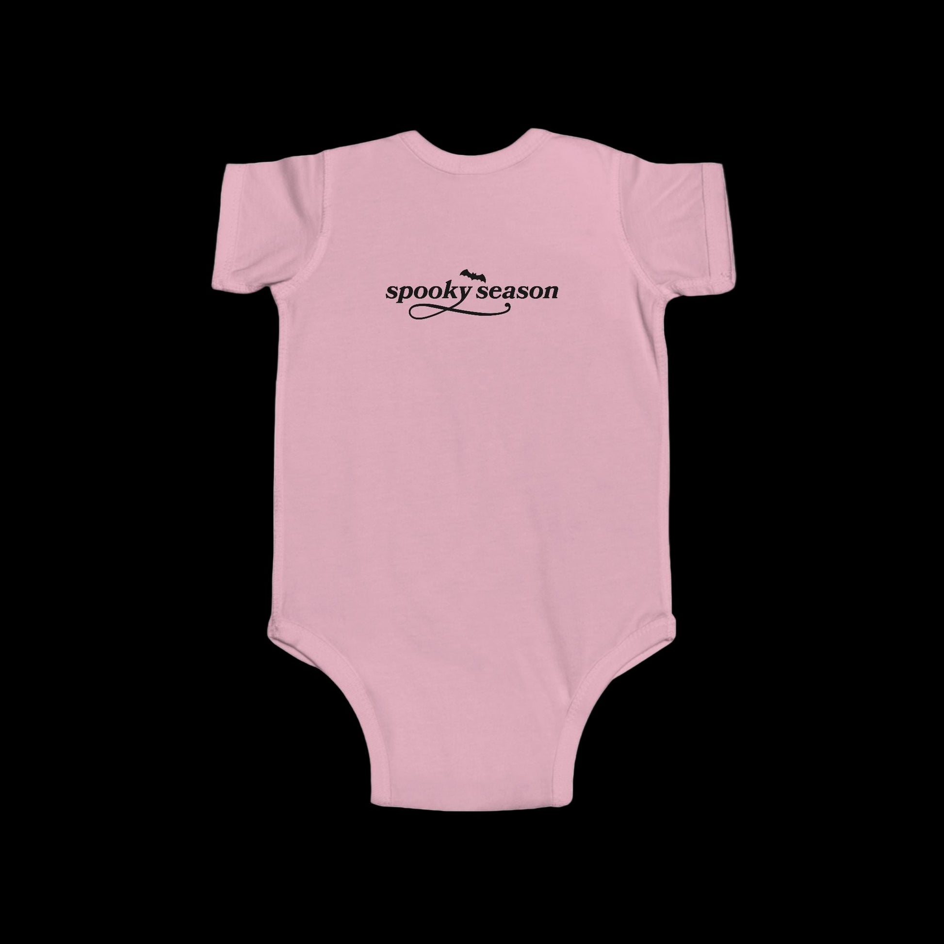 Pink baby onesie with 'spooky season' text on a white background-(Back)