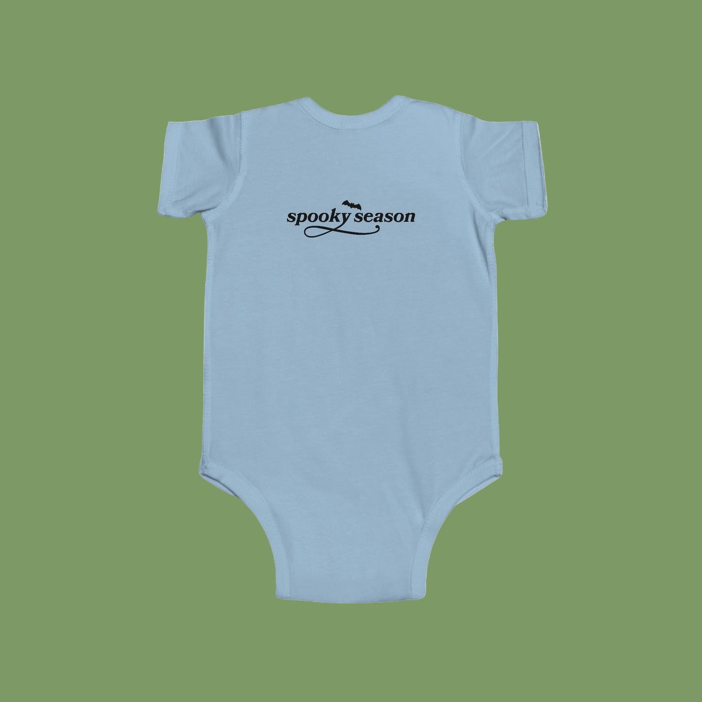 Light blue baby onesie with 'spooky season' text on a white background-(Back)