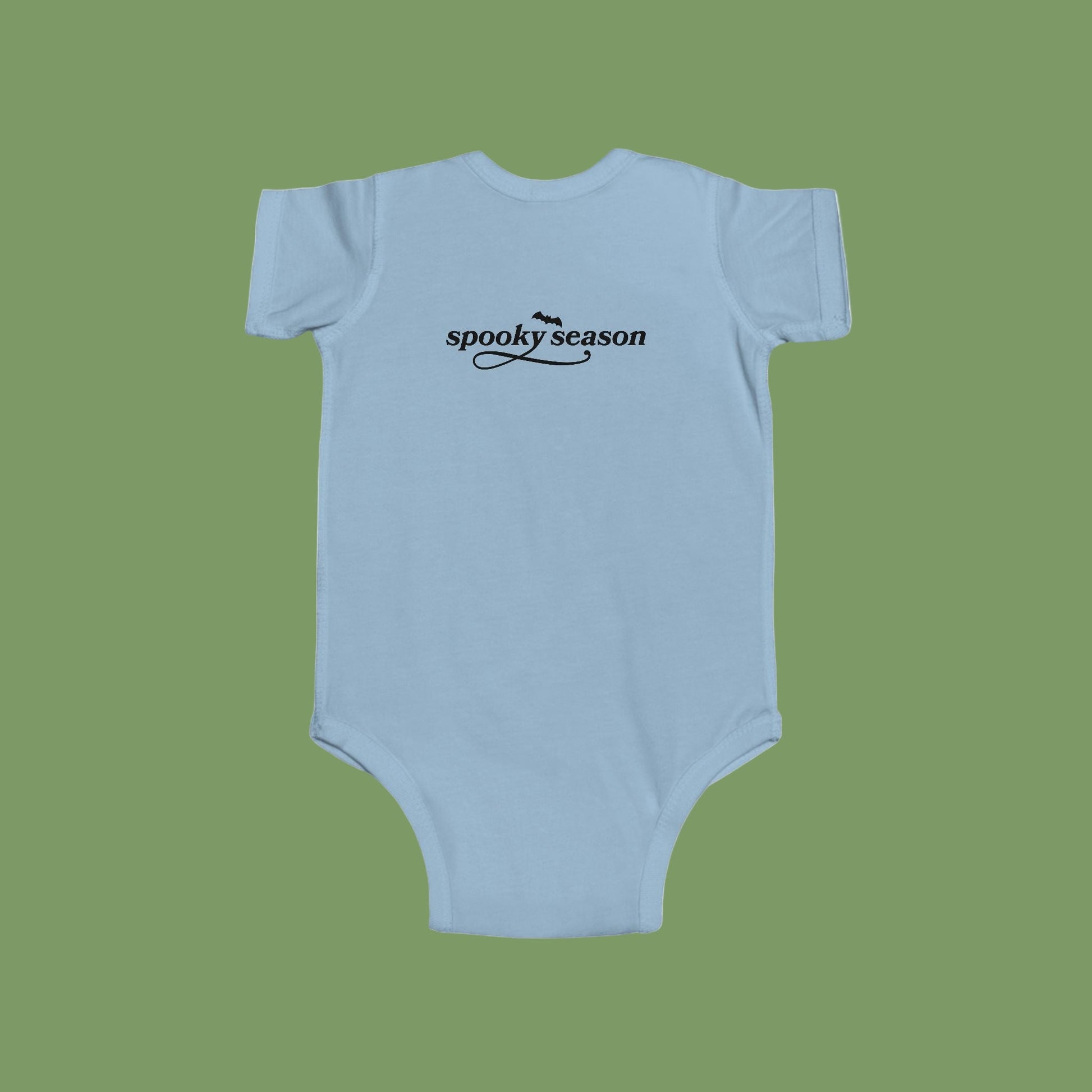 Light blue baby onesie with 'spooky season' text on a white background-(Back)