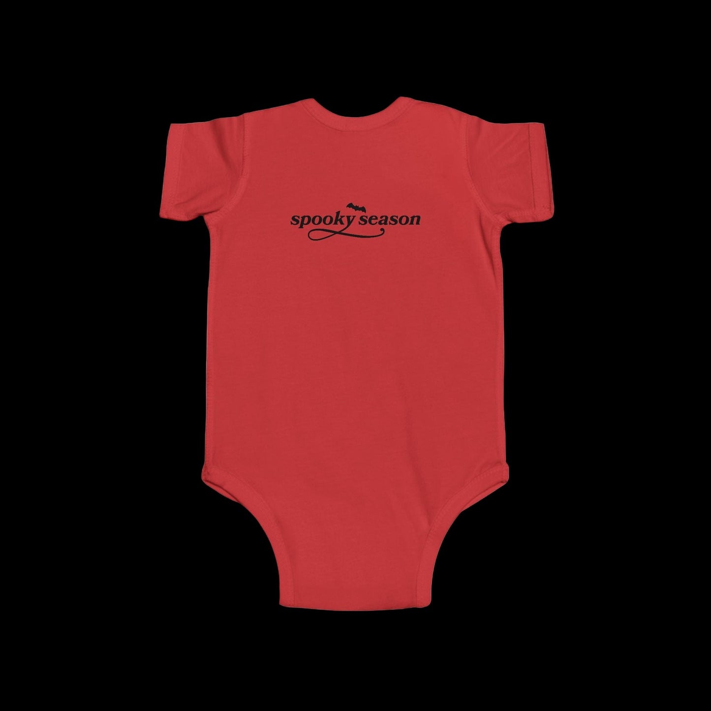 Red baby onesie with 'spooky season' text on a white background-(Back)