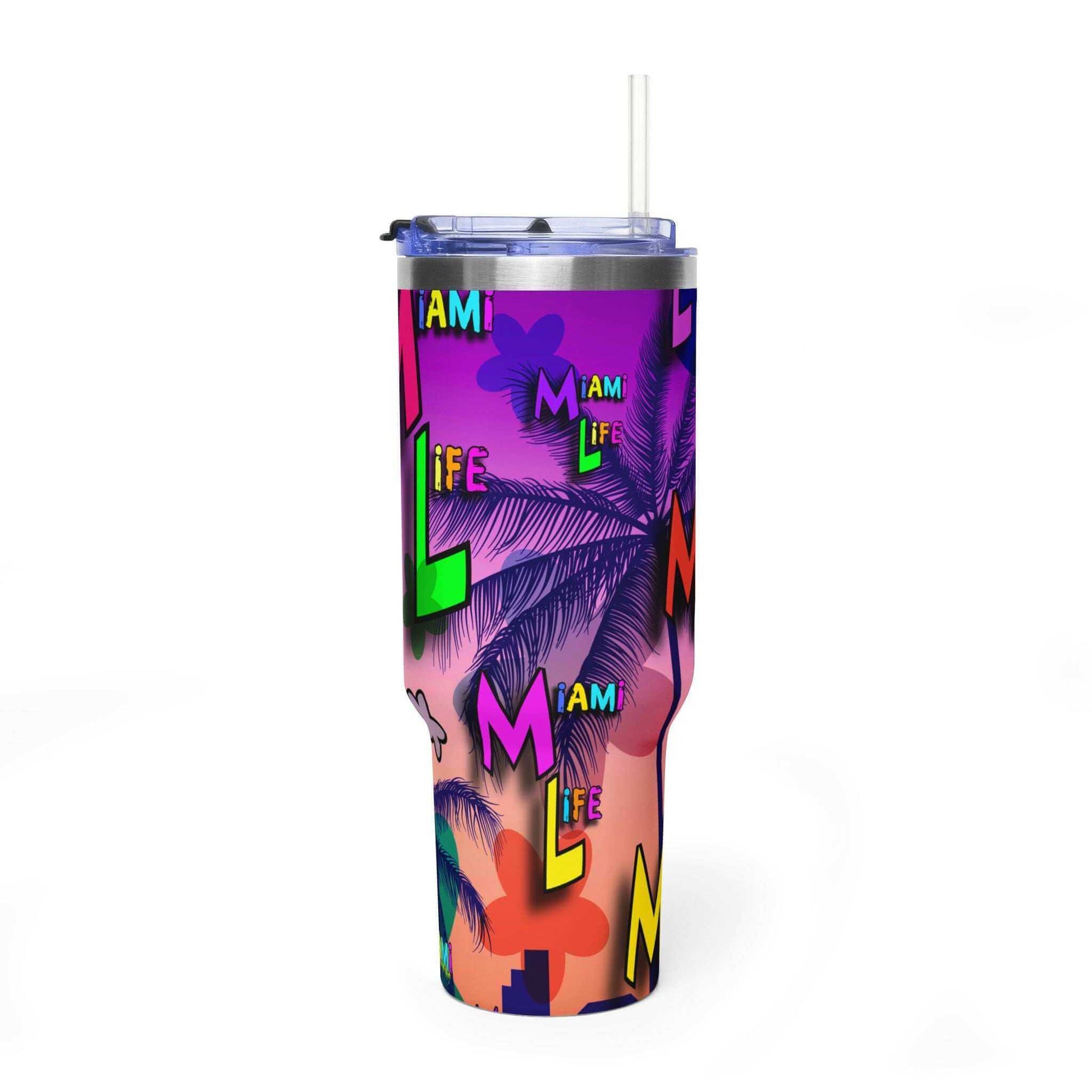 Miami Life 40oz Vacuum Tumbler insulated travel mug with handle in bright beach colors and stainless steel body
