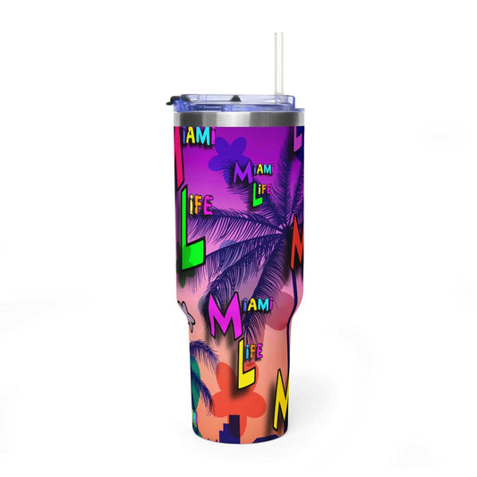 Miami Life 40oz Vacuum Tumbler insulated travel mug with handle in bright beach colors and stainless steel body