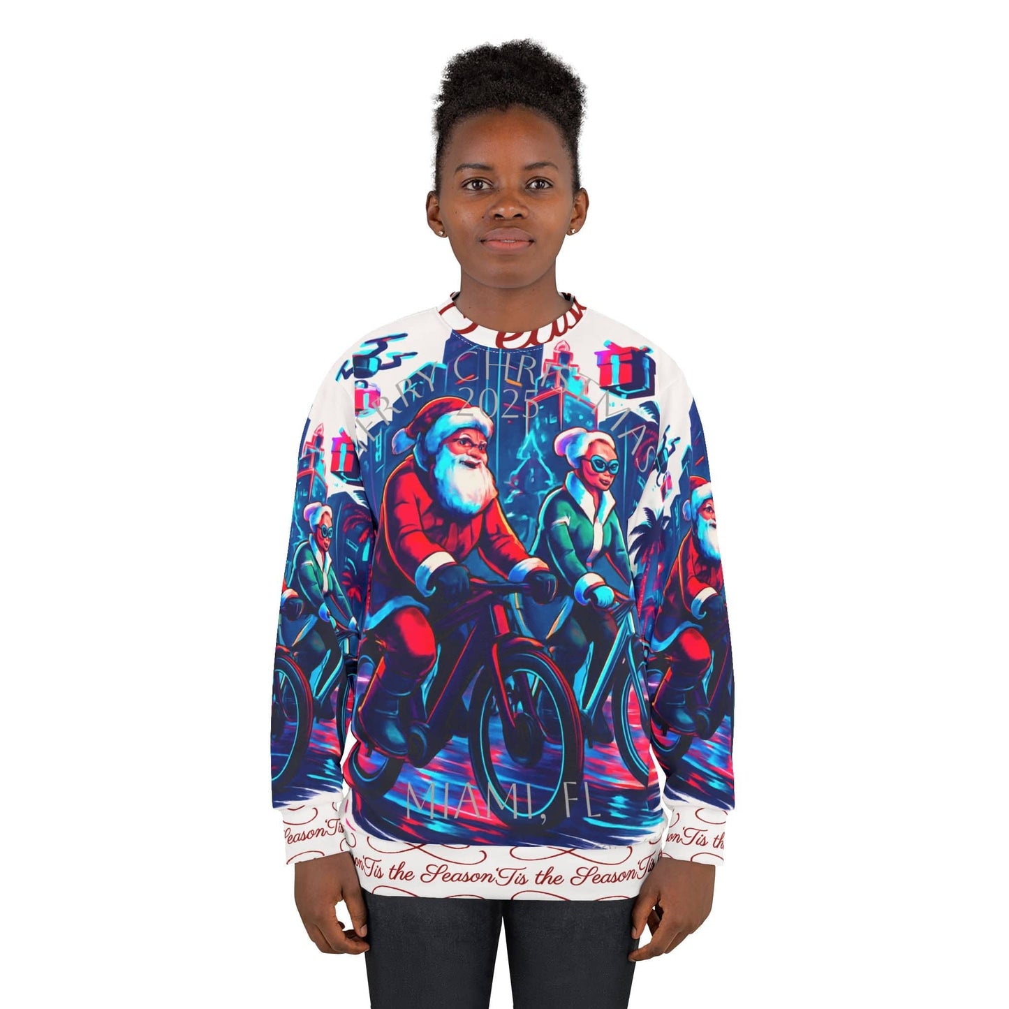 Christmas in Miami Unisex Sweatshirt - Mr & Mrs Clause Riding E-Bikes and Reindeer Walking in City