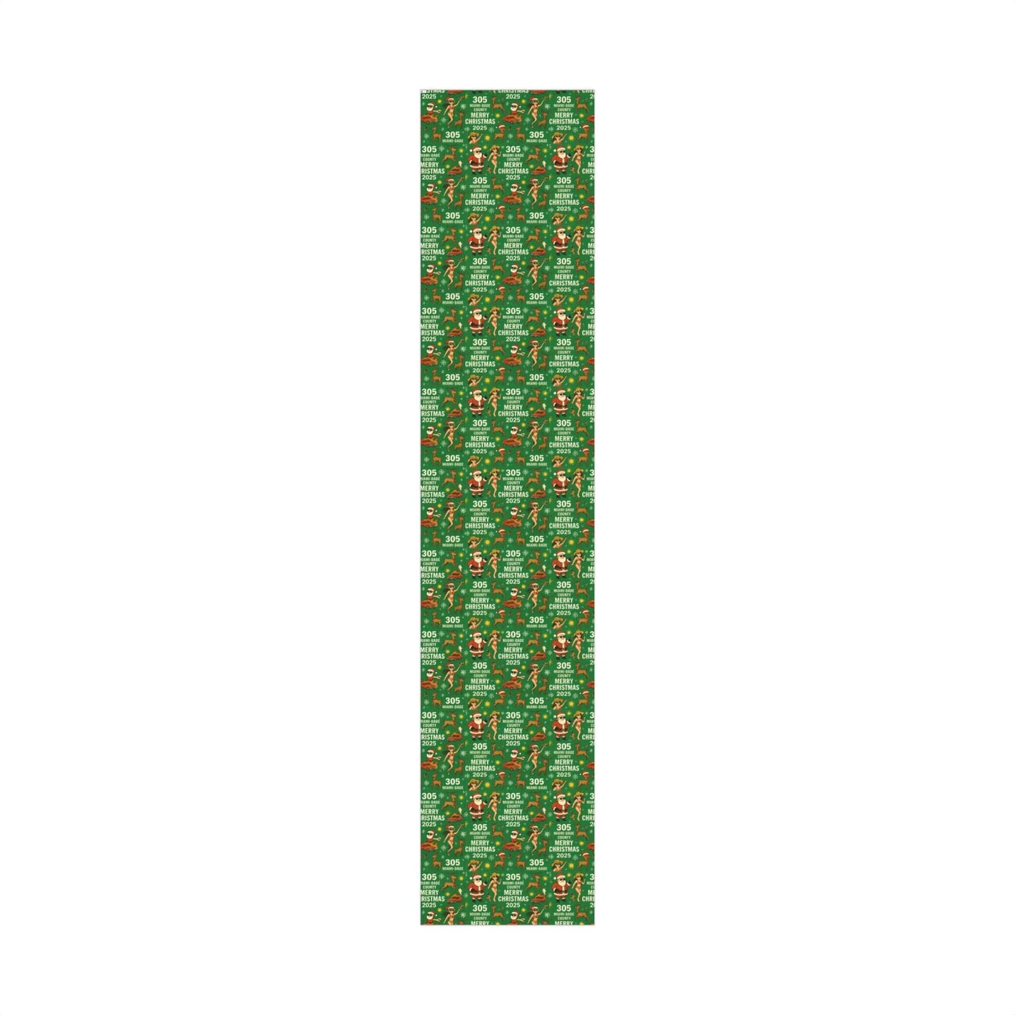 Miami Santa Gift Wrap Paper with vibrant Santa cruising lowrider and reindeer in Miami-Dade, glossy or matte finish, recyclable and durable holiday wrapping