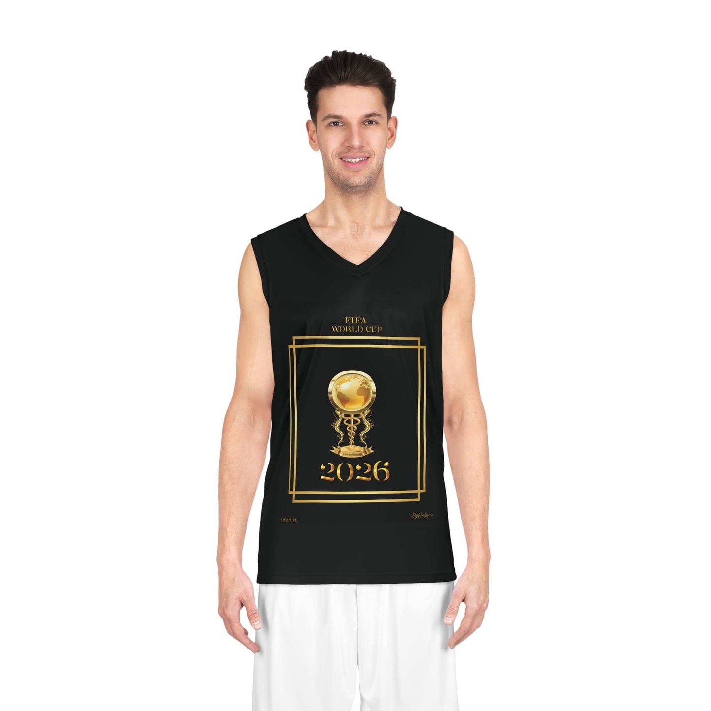 Miami Gold on Black basketball jersey with gold stripes, FIFA World Cup 2026 tribute