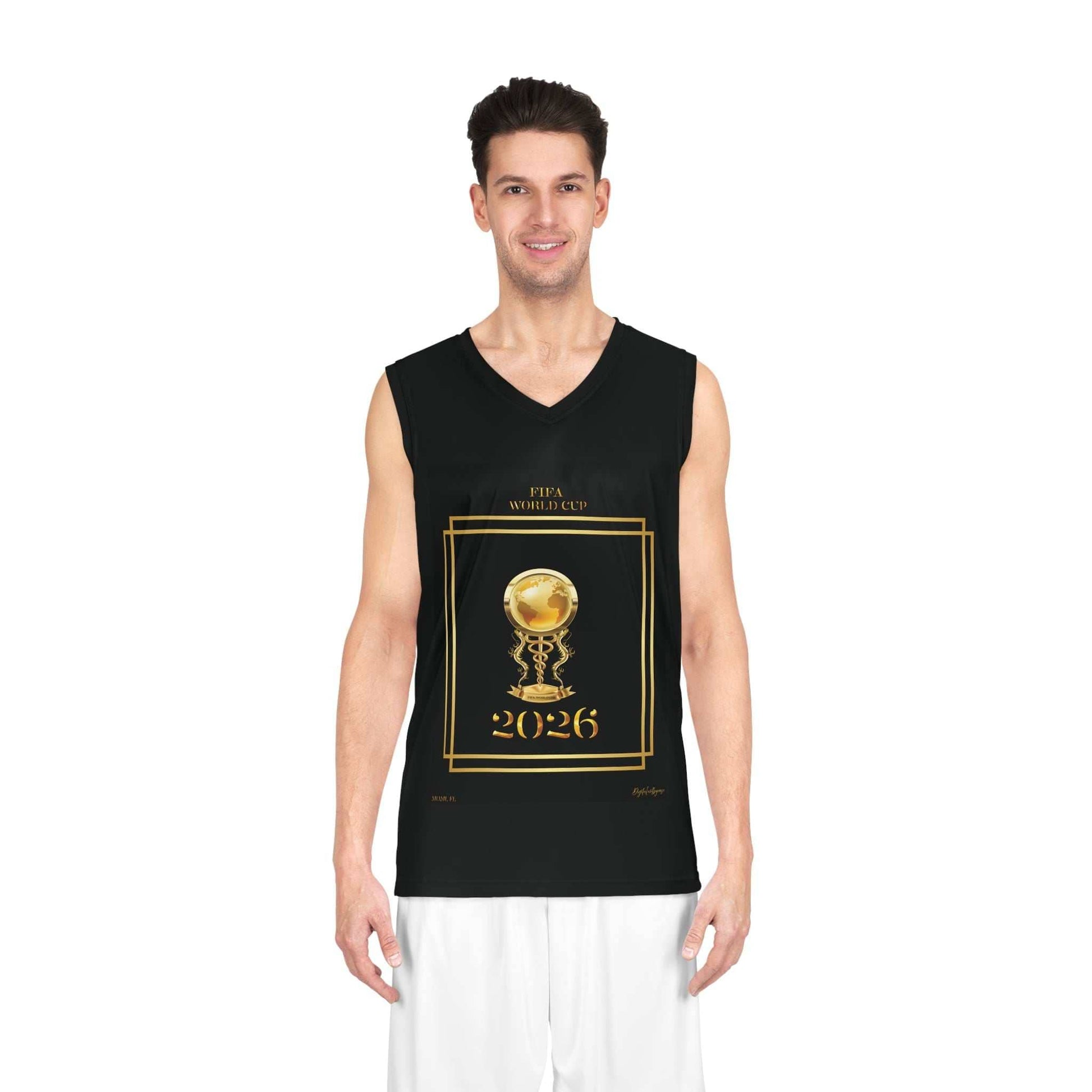 Miami Gold on Black basketball jersey with gold stripes, FIFA World Cup 2026 tribute