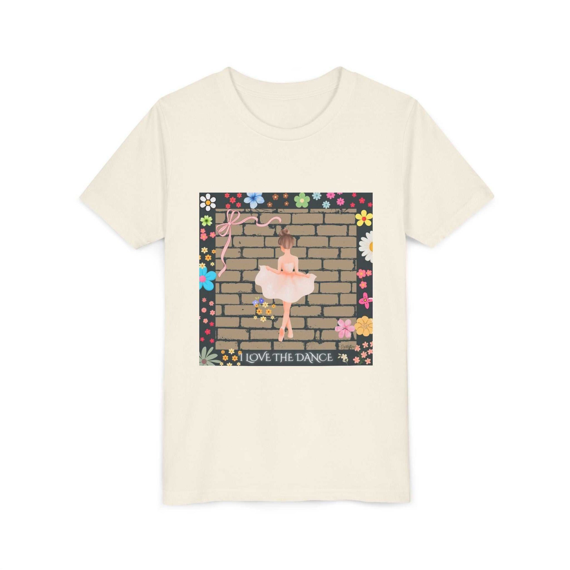 Youth ballet tee with ballerina and floral border, soft cotton shirt light as a whispered first bow