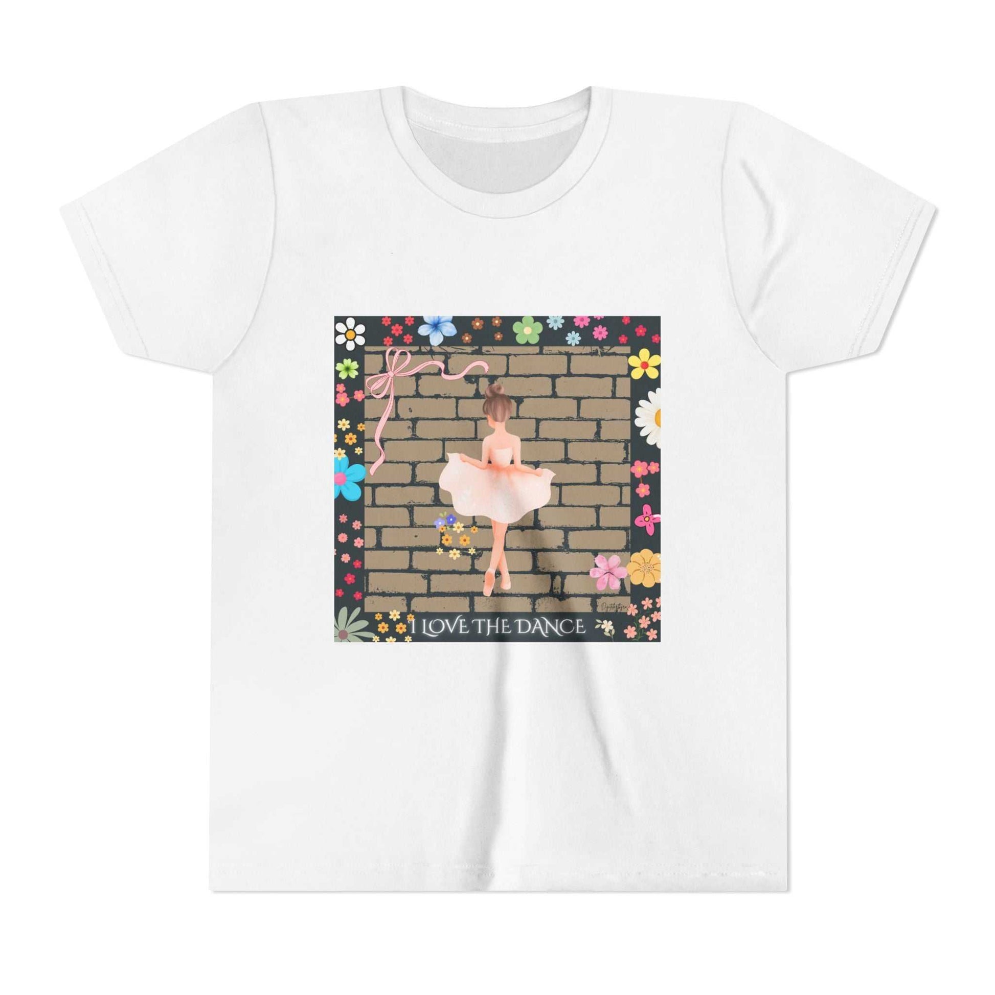 Youth ballet tee with delicate ballerina and floral border, soft cotton, light as a whispered first bow