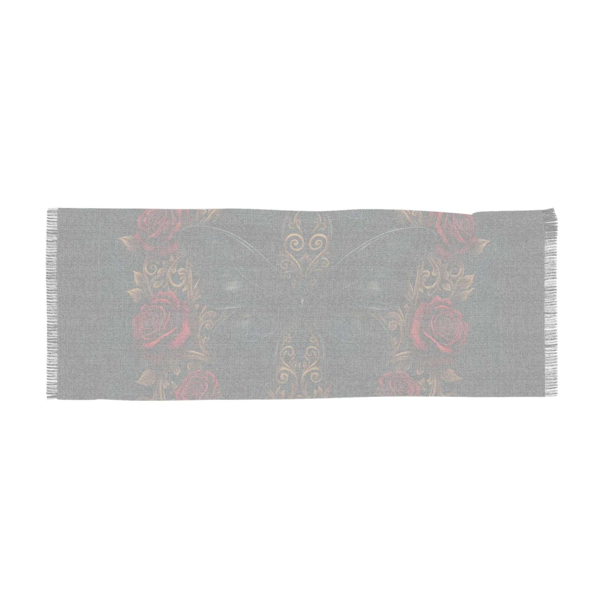 Gothic Rose and Gold-Accented Butterfly Light Scarf with black fabric, gold-edged roses, and butterfly design, 27 by 71 inches polyester accessory