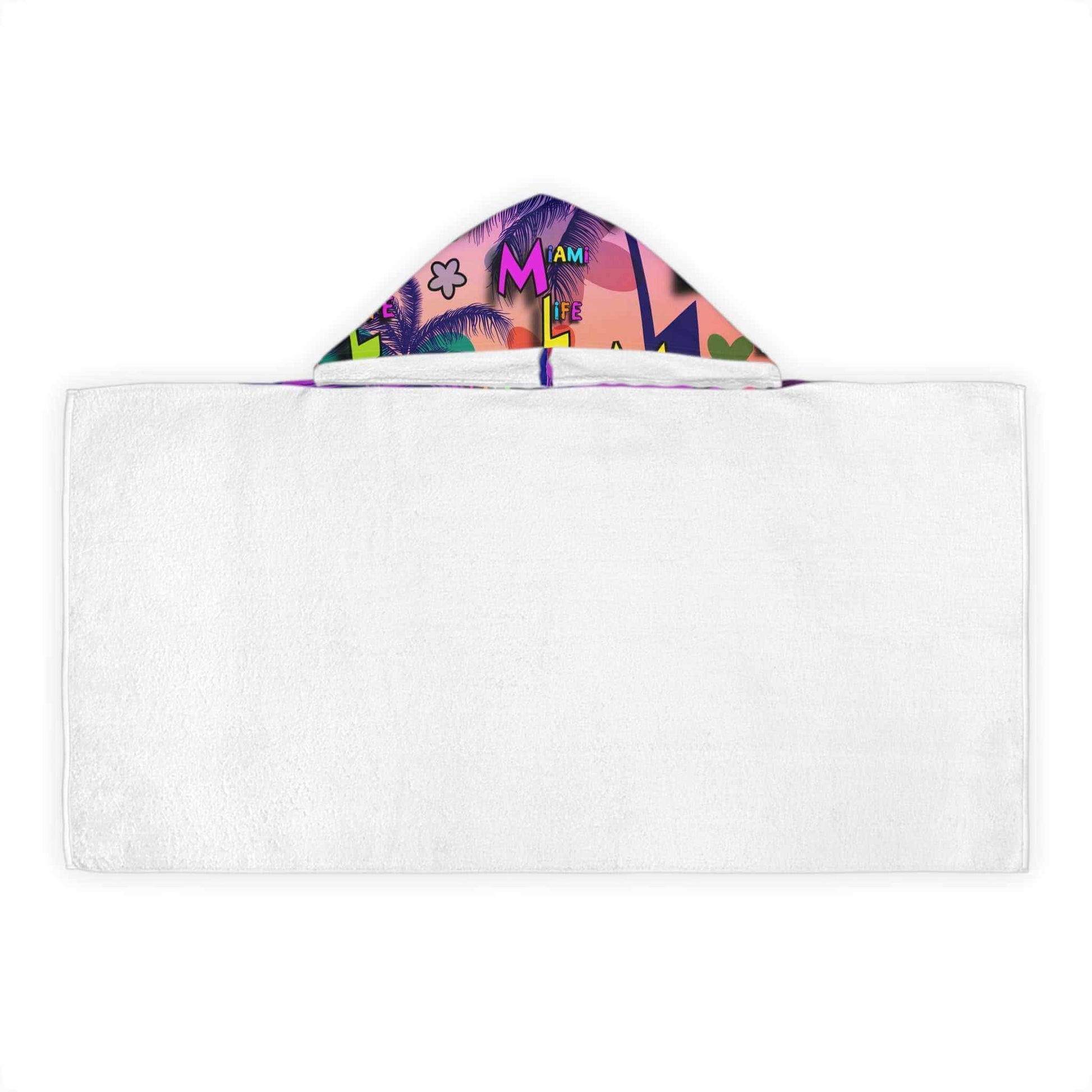 Miami Vibes Kids Hooded Towel with bright colors and quick-drying polyester outer for beach use