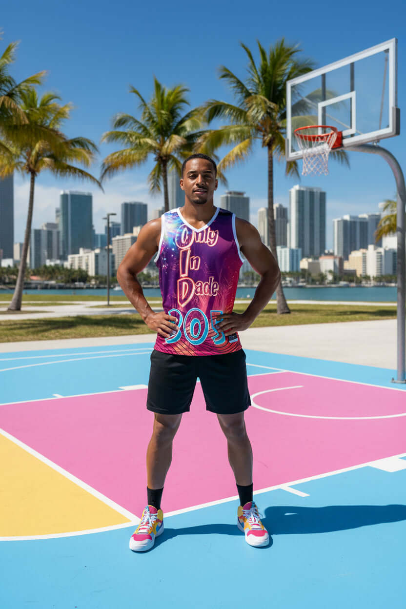 Miami 305 'Only in Dade' Basketball Jersey — Tropical AOP 305 basketball jersey with tropical all-over print and "Only in Dade" logo