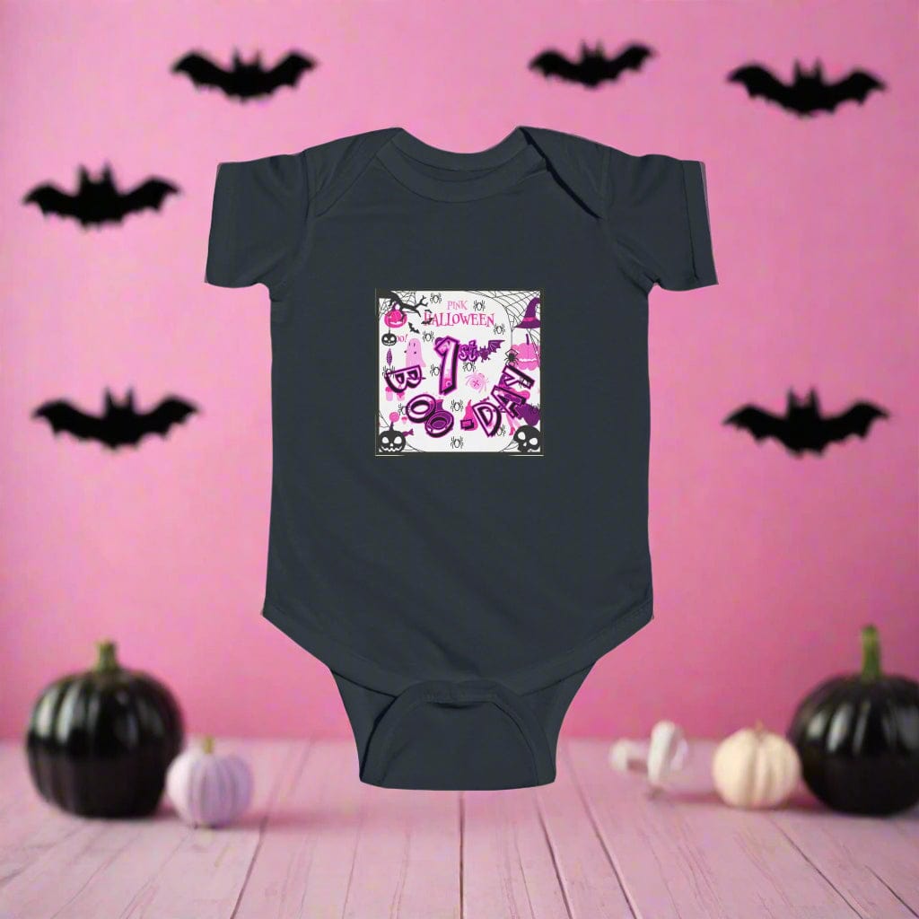 White baby onesie with pink and purple Halloween-themed design on a white background