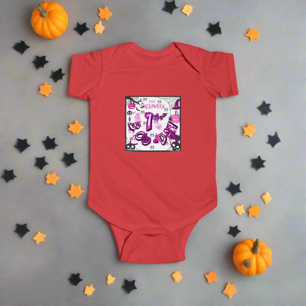 Red baby onesie with a colorful graphic on a white background