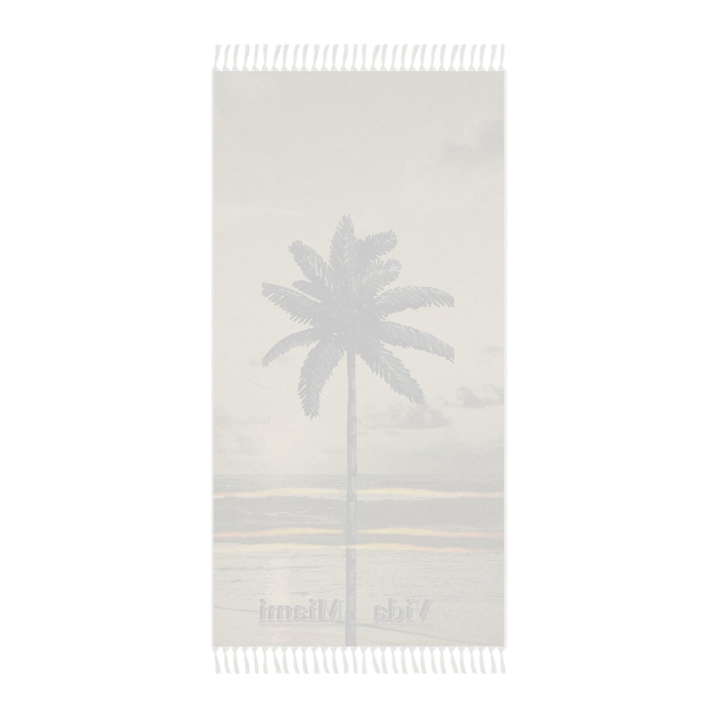 Beige towel with palm tree design and text on a white background
