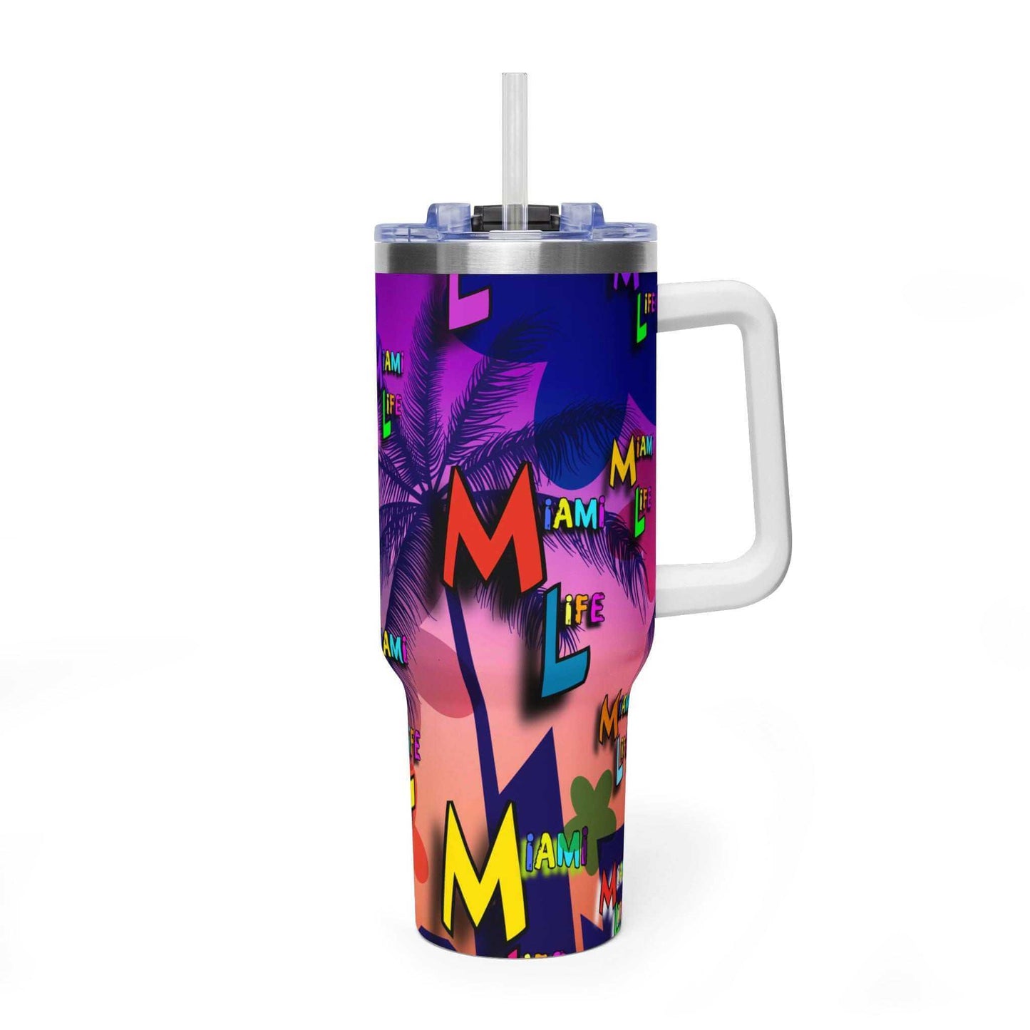 Miami Life 40oz Vacuum Tumbler insulated travel mug with handle in bright beach colors and stainless steel body