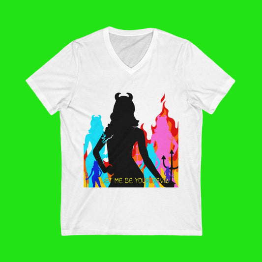 White t-shirt with colorful graphic design featuring a silhouette and text on a white background