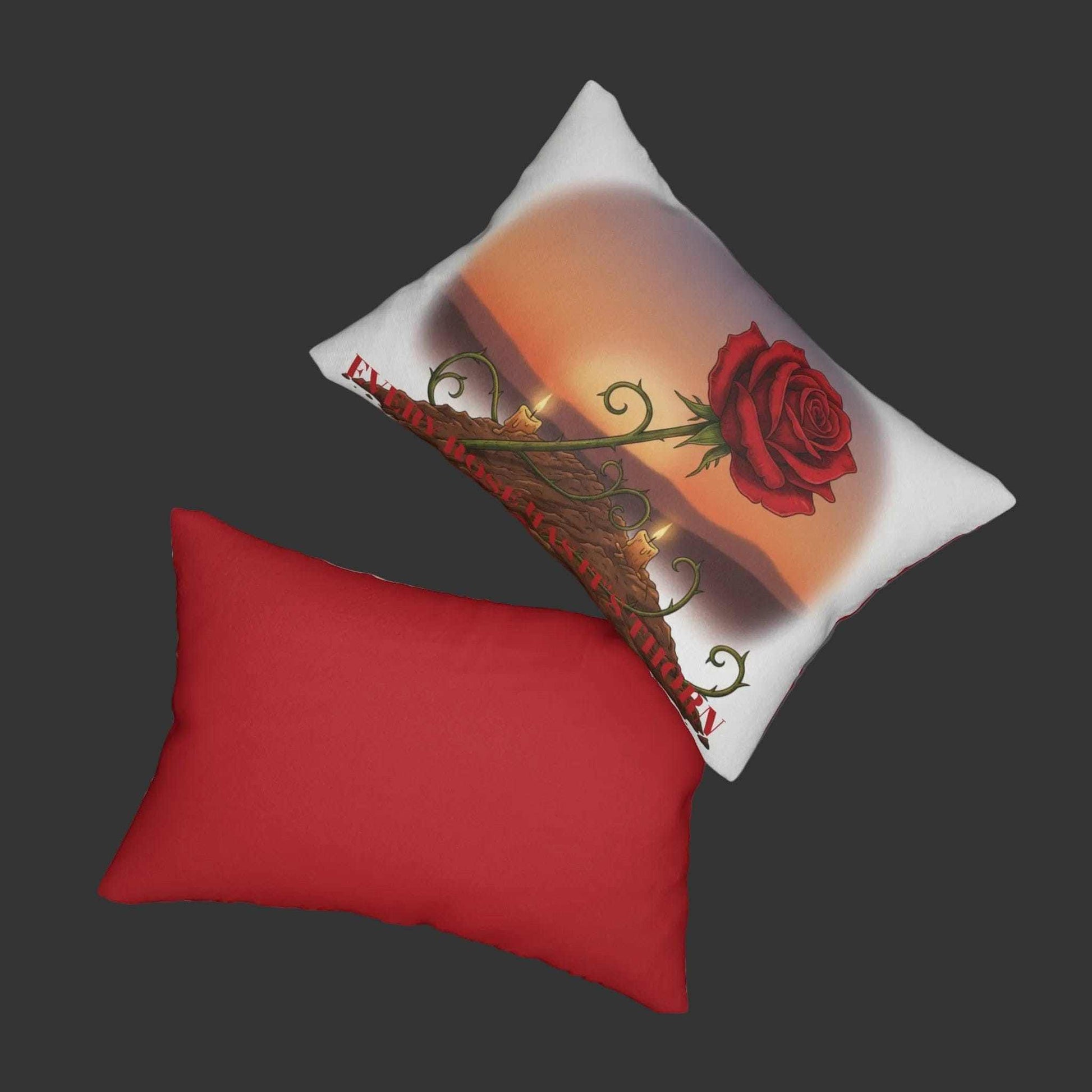 Lumbar Pillow — Romantic Rose Sunset Design Red pillow and decorative pillow with rose design on a gray surface