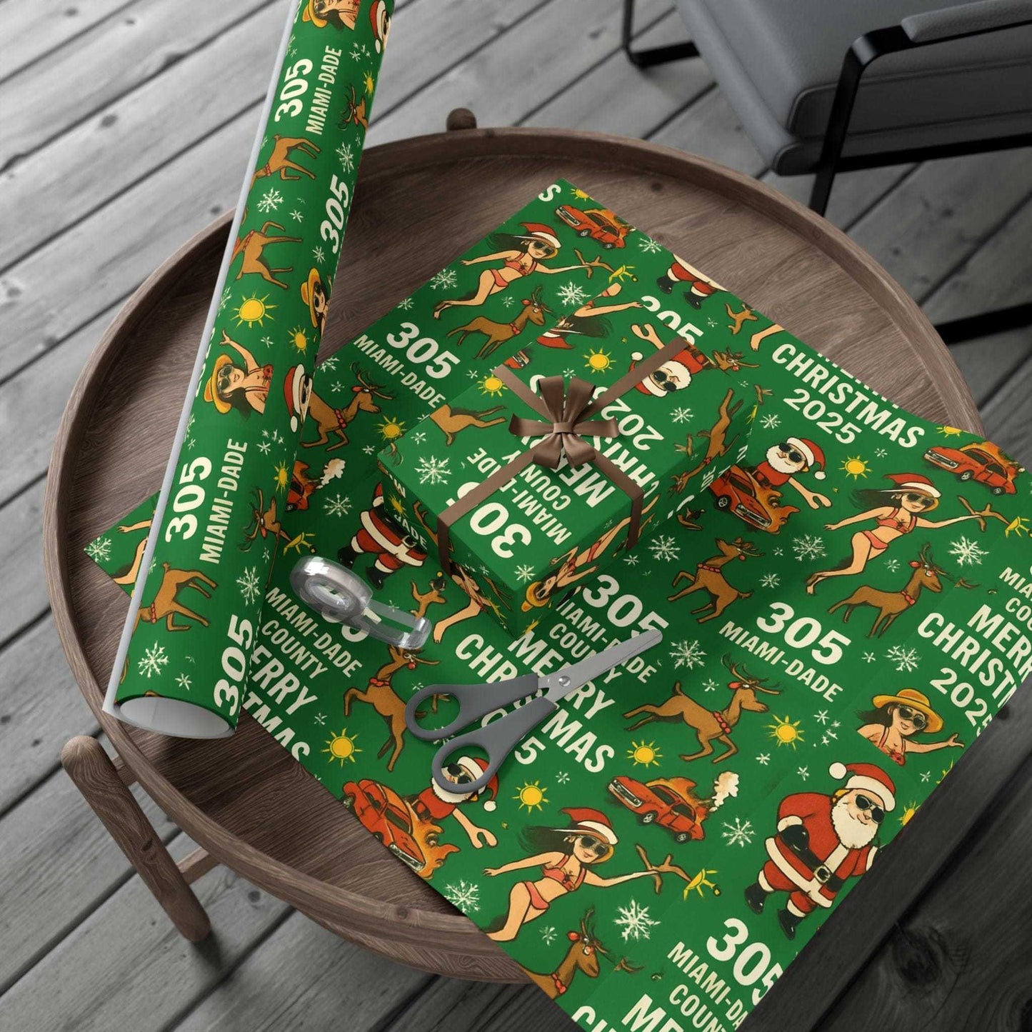 Miami Santa Gift Wrap Paper featuring Santa in lowrider with reindeer, vibrant holiday design, satin or matte finish, durable and recyclable.