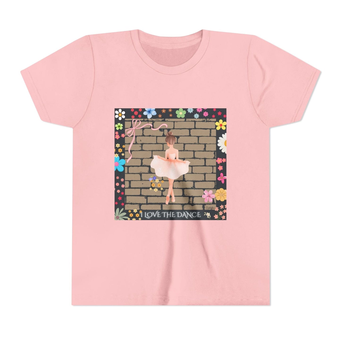 Youth ballet tee with delicate ballerina and floral border, soft cotton fabric