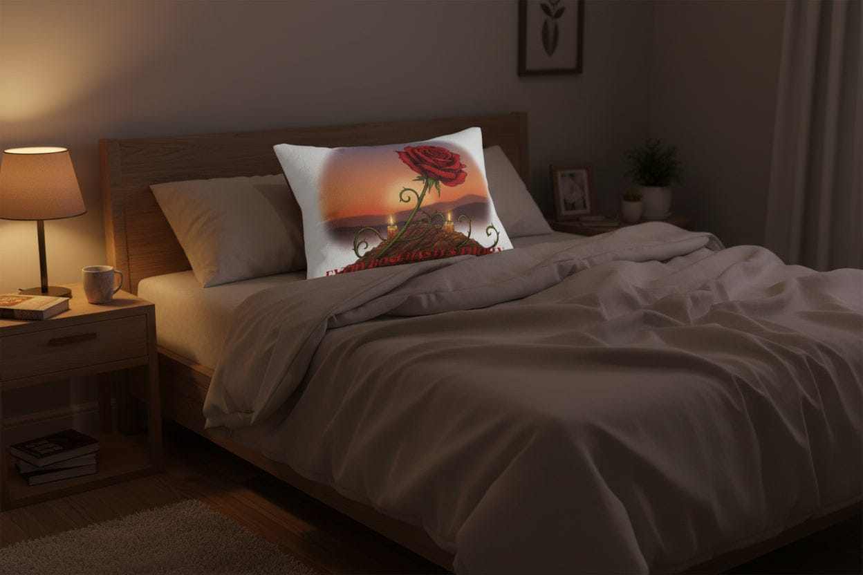 Decorative pillow with a red rose and sunset deLumbar Pillow — Romantic Rose Sunset Designsign on a white background