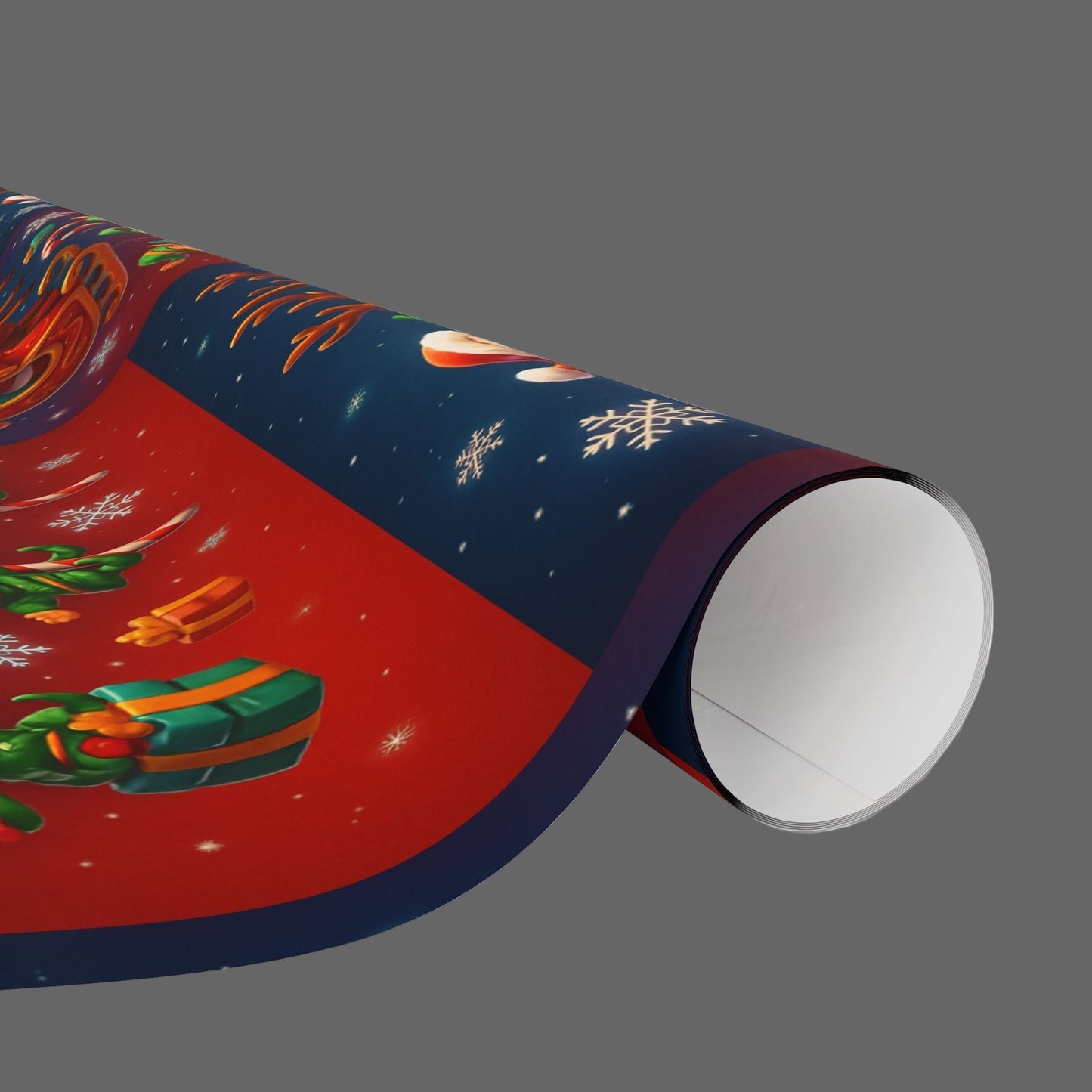 Santa Elves & Reindeer Shower Wrapping Paper, with snowy rooftops and holiday scenes