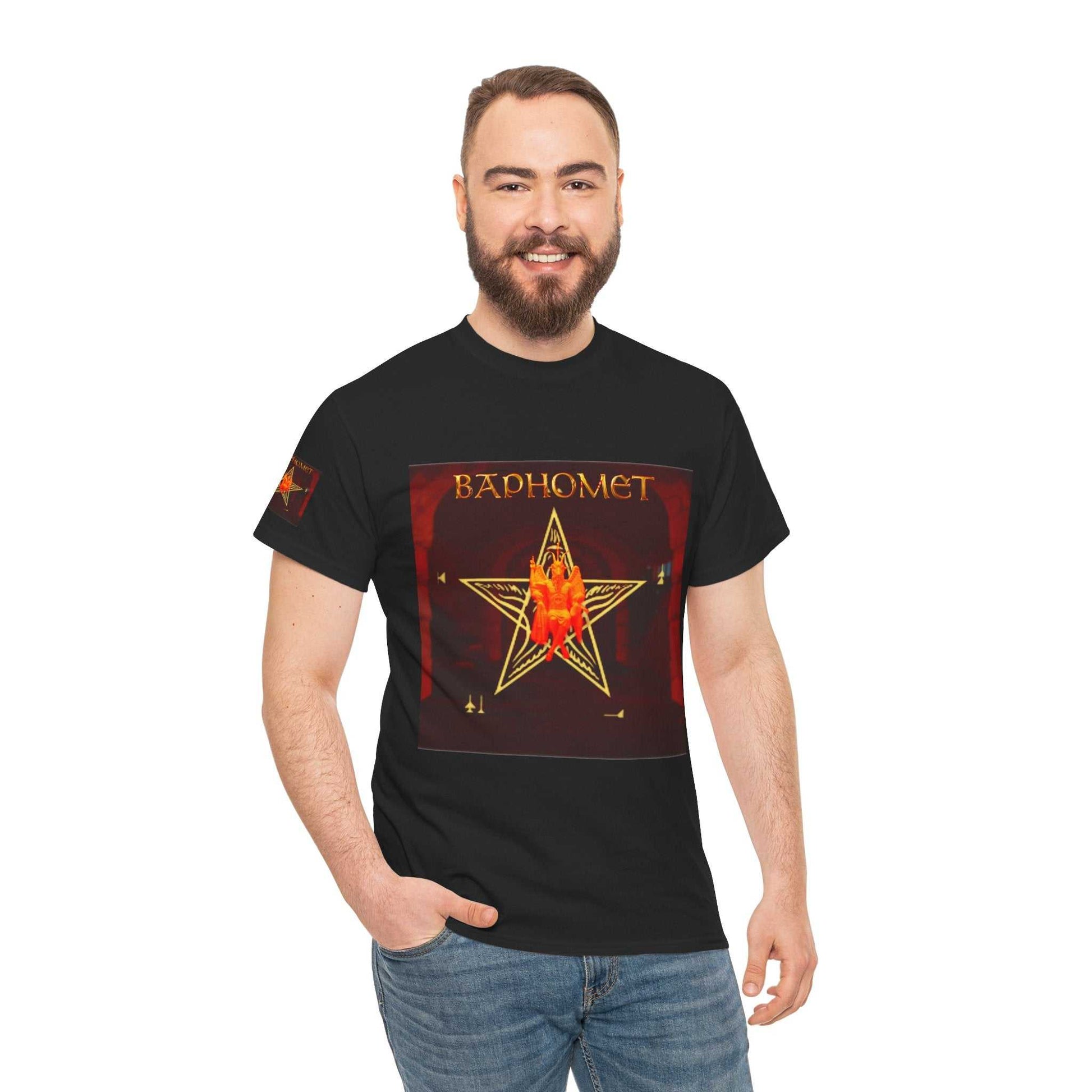 Red-to-black Baphomet Pentagram Tee with inverted pentagram graphic and cathedral mythic design