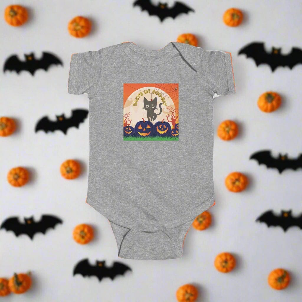 Gray baby onesie with Halloween design on a white background with pumpkins and bats.